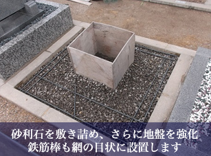 砂利石を敷き詰め、さらに地盤を強化鉄筋棒も網の目状に設置します